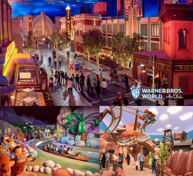 Superheroes and visitors explore a themed street and rides at Warner Bros. World Abu Dhabi.