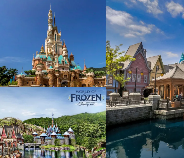 Hong Kong Disneyland features a fairytale castle, charming village, and a Frozen-themed land.