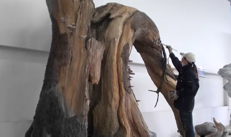 A person in a hat paints a large, gnarled, ancient tree trunk indoors.
