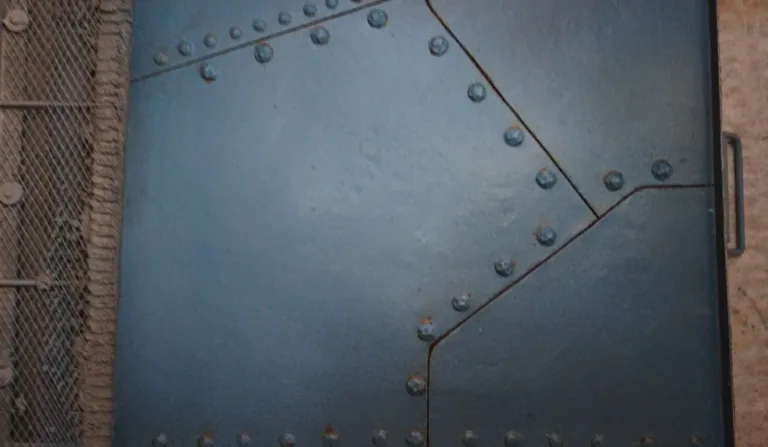 Riveted navy metal panels form a textured surface with a metal handle on the right.