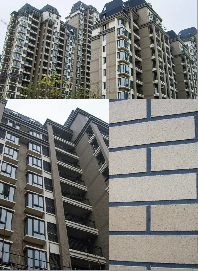 Modern apartment buildings in Anqing feature beige brickwork with dark grout and numerous balconies.
