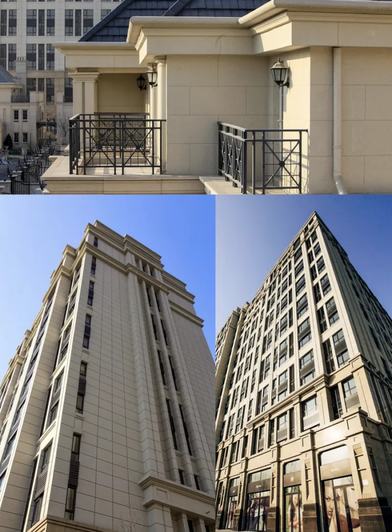 Modern beige apartment buildings with ornate balconies and many windows stand under a clear blue sky.