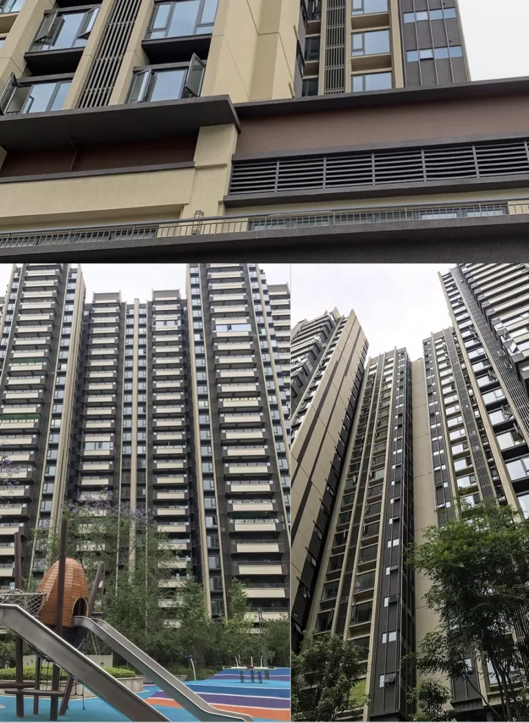 Modern apartment buildings with balconies and a children's playground are visible.