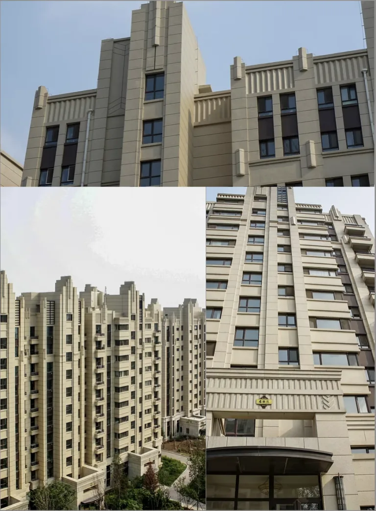 Modern apartment buildings with geometric facades and many windows stand under a clear sky.