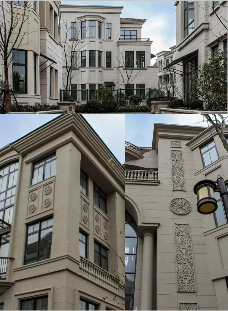 Elegant beige mansions feature ornate decorative panels and large windows under a cloudy sky.