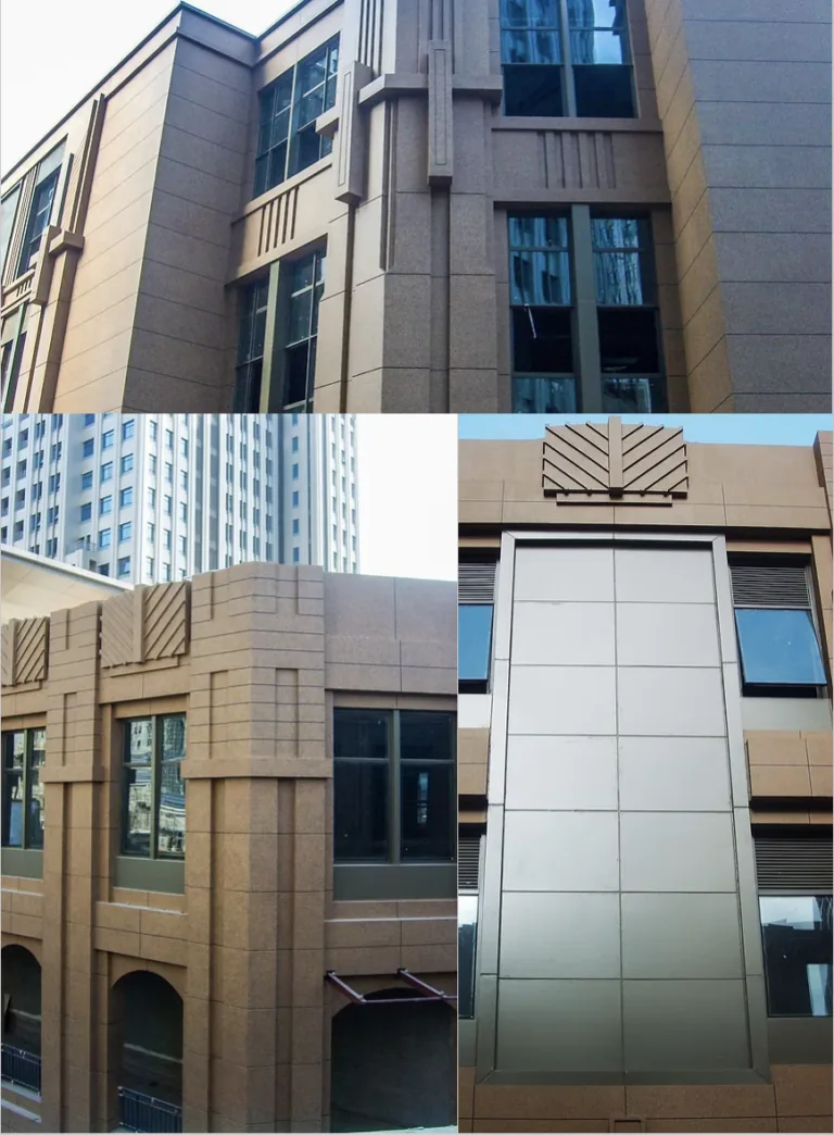Modern buildings in Zhengzhou feature textured stone facades with large windows and geometric architectural details.